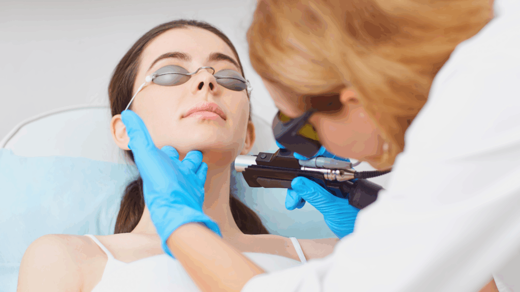 Dermatologist performing CO2 fractional laser in Islamabad on woman's face wearing protective eyewear