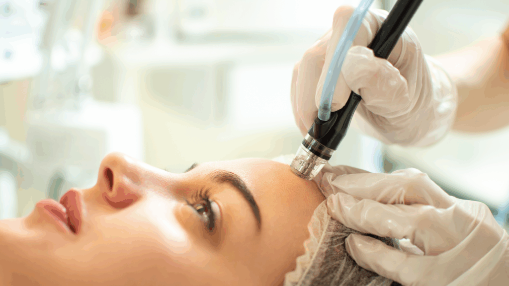 Professional performing HydraFacial treatment in Islamabad on woman's face using hydradermabrasion device