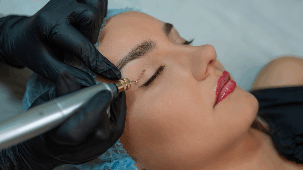 Close-up of a client receiving Plasma Eye for Drooping Eyelids in Islamabad treatment near the eye area, performed by a specialist wearing black gloves.