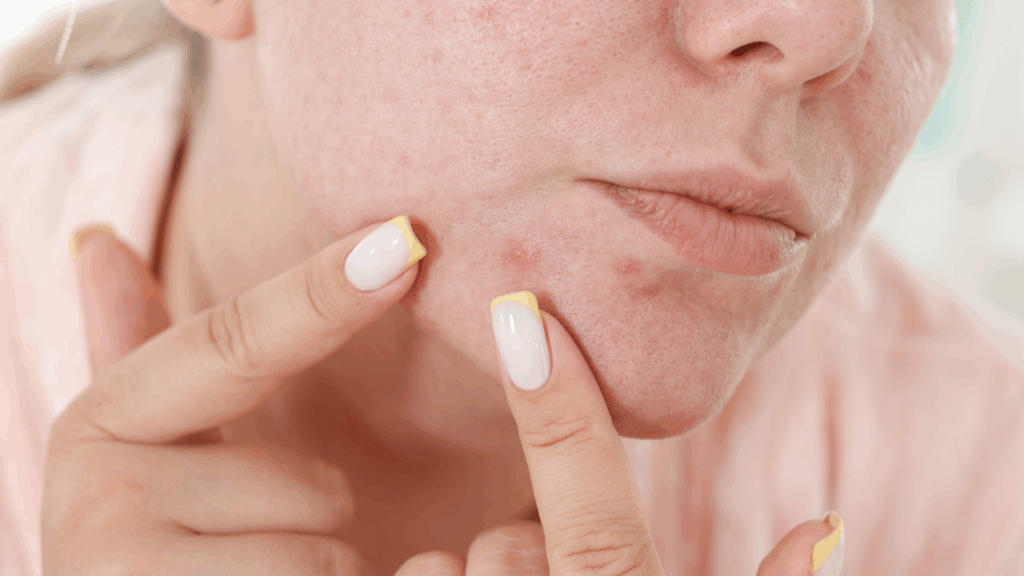 Close-up of woman with acne scars examining skin before acne scar treatment in Islamabad