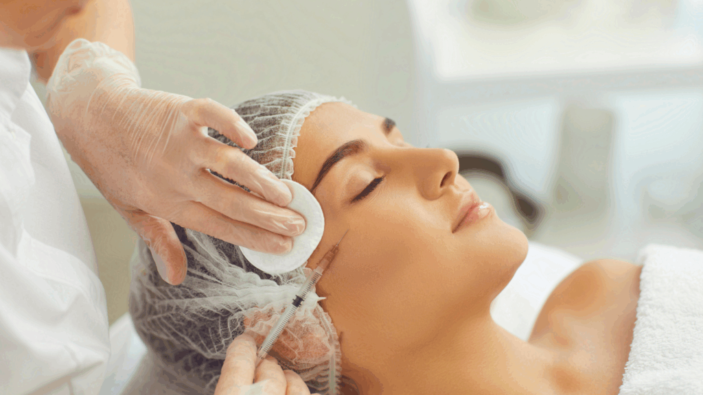 Aesthetician applying numbing cream before botox treatment in Islamabad on woman's face