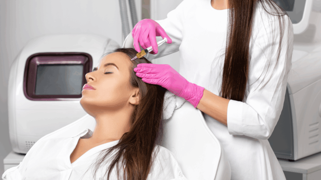 Aesthetic professional administering PRP face lift treatment in Islamabad to woman's forehead area
