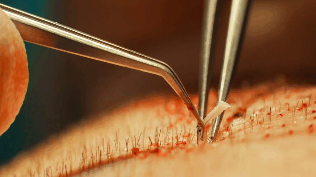 Close-up of medical tweezers precisely implanting a graft during a procedure, visually representing the meticulous process involved in advanced Stem Cell Therapy in Islamabad.