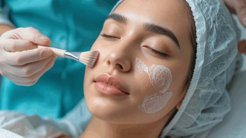 Woman receiving a soothing facial with a mask being applied by a therapist in white gloves, part of a specialized Dark Circles Treatment in Islamabad regimen.