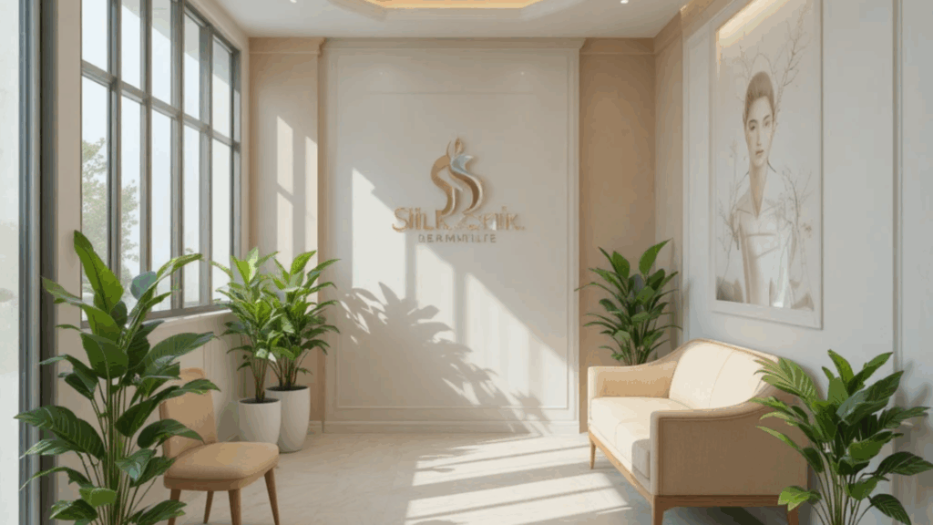 Fat Reduction Treatment in Islamabad clinic reception with a modern white desk, wood paneling, subtle lighting, and comfortable waiting chairs. Book your consultation for the best non-surgical fat reduction services.