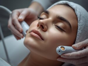 Woman receiving HydraFacial treatment at dermatology clinic in Islamabad showing gentle extraction and serum infusion on glowing skin