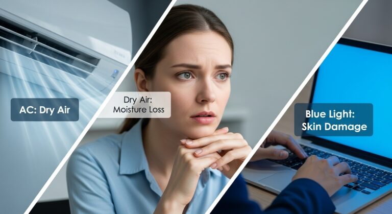 Your office environment quietly ages your skin. Learn how AC, blue light, and dry air affect your complexion and the simple routine changes that help.